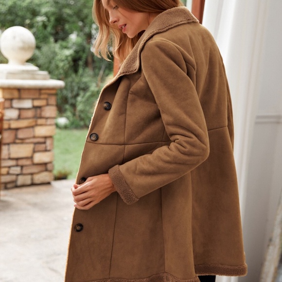 Cozy Shearling lined Button down vegan Suede Coat jacket - Picture 6 of 8